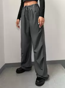 Coolane Solid Drawstring Waist Parachute Pants - Grey - View 3