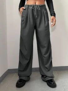 Coolane Solid Drawstring Waist Parachute Pants - Grey - View 4