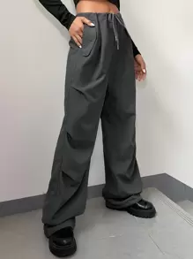 Coolane Solid Drawstring Waist Parachute Pants - Grey - View 6