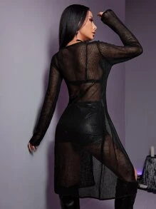 SHEIN ICON Cárdigan con cordón delantero de punto de malla - Negro - Ver 2