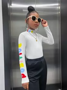 SHEIN Girls Letter Graphic Mock Neck Tee - White - View 1