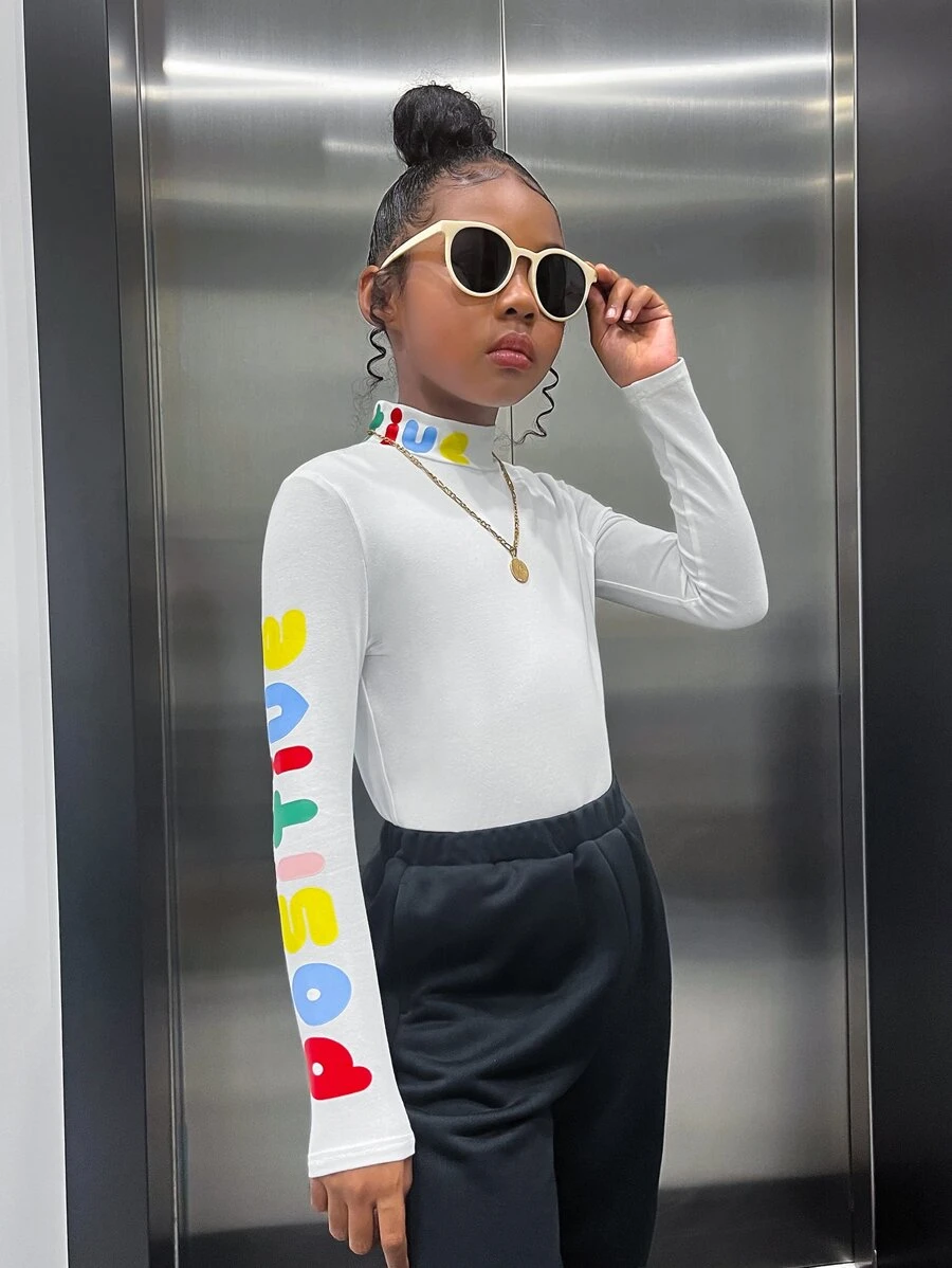 SHEIN Girls Letter Graphic Mock Neck Tee - White - View 1