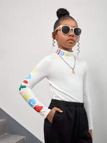 SHEIN Girls Letter Graphic Mock Neck Tee - White - View 5