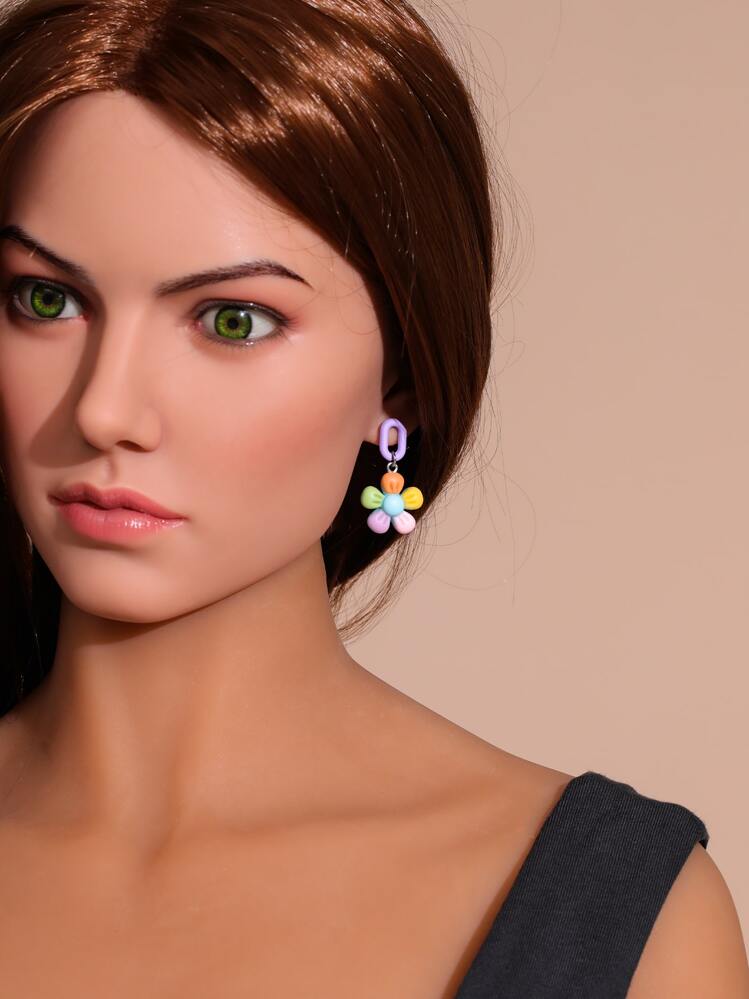 Flower Decor Drop Earrings - Multicolor - View 2