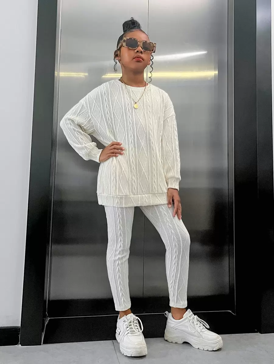 SHEIN Dwuczęściowe Ubrania Dziewczęce Prosty Casual - Beżowy - Zobacz 1