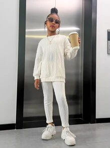 SHEIN Dwuczęściowe Ubrania Dziewczęce Prosty Casual - Beżowy - Zobacz 4