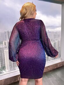 SHEIN Belle 大碼燈籠袖深V領金屬亮絲網紗緊身連衣裙 - 紫色 - 查看 2