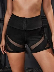 Hook And Eye Contrast Mesh Sports Shorts - Black - View 2