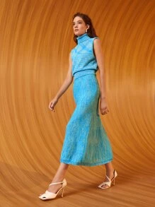 SHEIN Marled Turtleneck Sweater Vest - Blue - View 6