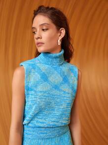 SHEIN Marled Turtleneck Sweater Vest - Blue - View 7