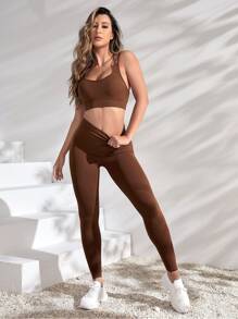 Easithlete Solid Tummy Control Crisscross Backless Sports Set - Coffee Brown - View 3