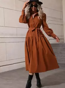 SHEIN LUNE Bishop Sleeve Ruffle Hem Belted Shirt Dress Maxi Women Outfit - Brown - View 1