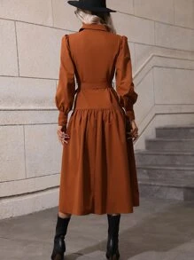 SHEIN LUNE Bishop Sleeve Ruffle Hem Belted Shirt Dress Maxi Women Outfit - Brown - View 2