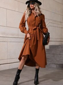 SHEIN LUNE Bishop Sleeve Ruffle Hem Belted Shirt Dress Maxi Women Outfit - Brown - View 4