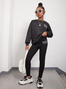 SHEIN 青少年女孩口號圖形下垂肩毛衣和緊身褲 - 黑色 - 查看 4