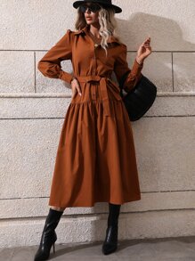 SHEIN LUNE Bishop Sleeve Ruffle Hem Belted Shirt Dress Maxi Women Outfit - Brown - View 6