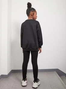 SHEIN 青少年女孩口號圖形下垂肩毛衣和緊身褲 - 黑色 - 查看 2