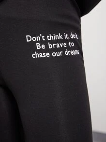 SHEIN 青少年女孩口號圖形下垂肩毛衣和緊身褲 - 黑色 - 查看 5