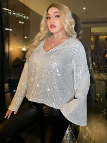 SHEIN Privé Plus V Neck Flounce Sleeve Sequin Blouse - Silver - View 4