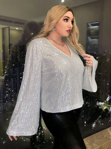 SHEIN Privé Plus V Neck Flounce Sleeve Sequin Blouse - Silver - View 5