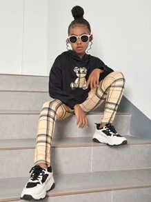 SHEIN 女童卡通圖形下垂肩毛衣和格紋打底褲