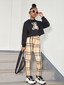 SHEIN 女童卡通圖形下垂肩毛衣和格紋打底褲