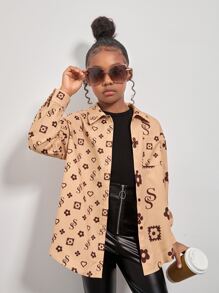 SHEIN 女孩愛心和字母圖案落肩袖襯衫 - 駝色 - 查看 1