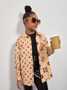 SHEIN 女孩愛心和字母圖案落肩袖襯衫 - 駝色 - 查看 3