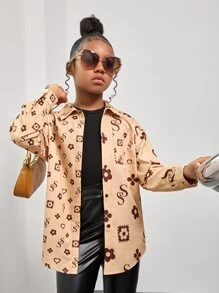 SHEIN 女孩愛心和字母圖案落肩袖襯衫 - 駝色 - 查看 5