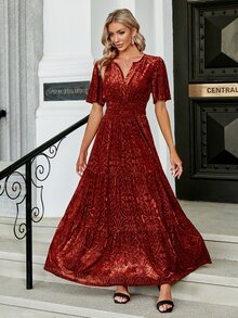 Simplee Floral Print Flutter Sleeve Ruffle Hem Dress - Red - View 3