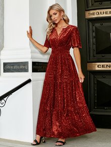 Simplee Floral Print Flutter Sleeve Ruffle Hem Dress - Red - View 5