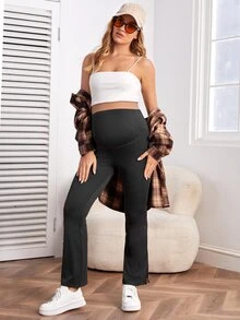 SHEIN Maternity High Waist Split Hem Flare Leg Trousers - Black - View 4