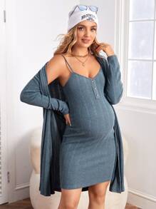 SHEIN Maternidad Vestido ajustado de tirantes unicolor con abrigo - Neblina azul - Ver 1
