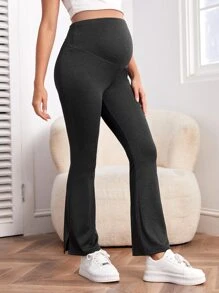 SHEIN Maternity High Waist Split Hem Flare Leg Trousers - Black - View 6
