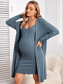 SHEIN Maternidad Vestido ajustado de tirantes unicolor con abrigo - Neblina azul - Ver 3