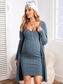 SHEIN Maternidad Vestido ajustado de tirantes unicolor con abrigo - Neblina azul - Ver 4