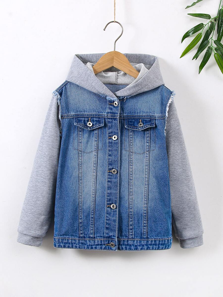 Boys Raw Trim Hooded Denim Jacket - Medium Wash - View 1