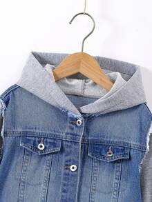 Boys Raw Trim Hooded Denim Jacket - Medium Wash - View 5