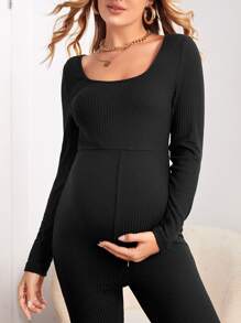 SHEIN Maternity Scoop Neck Split Hem Unitard Jumpsuit - Black - View 3