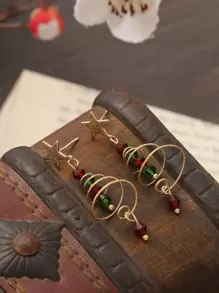 Christmas Star Decor Bead Drop Earrings - Multicolor - View 2