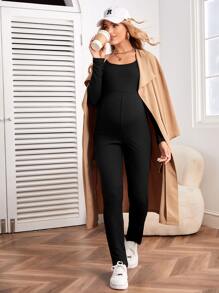SHEIN Maternity Scoop Neck Split Hem Unitard Jumpsuit - Black - View 4