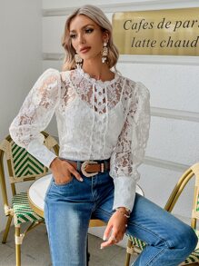 Simplee Mock Neck Sheer Lace Blouse - White - View 1