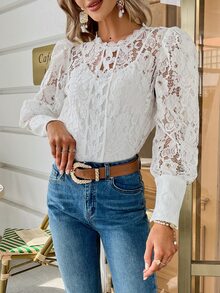 Simplee Mock Neck Sheer Lace Blouse - White - View 4