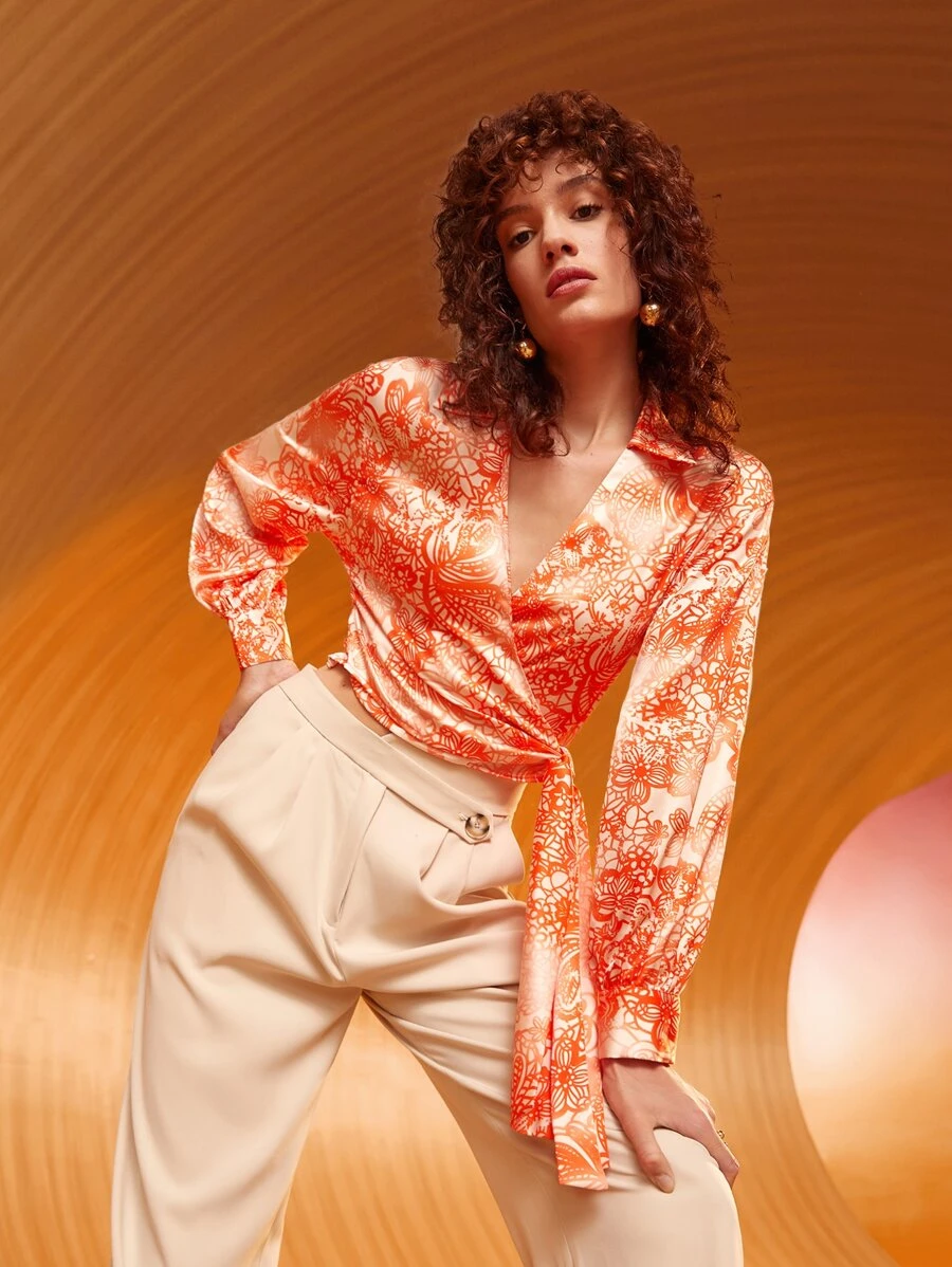 SHEIN Floral Print Knot Side Top - Multicolor - View 1