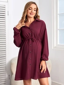 SHEIN Maternity Drop Shoulder Drawstring Waist Shirt Dress - Burgundy - View 1