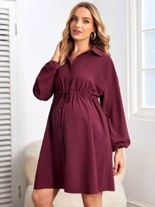 SHEIN Maternity Drop Shoulder Drawstring Waist Shirt Dress - Burgundy - View 3