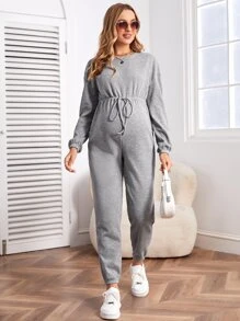 SHEIN Maternity Waffle Knit Drop Shoulder Knot Front Jumpsuit - Light Grey - View 1