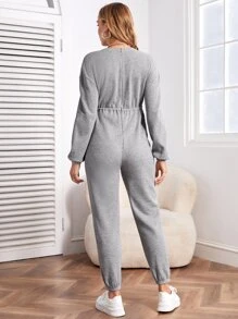 SHEIN Maternity Waffle Knit Drop Shoulder Knot Front Jumpsuit - Light Grey - View 2
