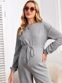 SHEIN Maternity Waffle Knit Drop Shoulder Knot Front Jumpsuit - Light Grey - View 3