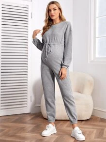 SHEIN Maternity Waffle Knit Drop Shoulder Knot Front Jumpsuit - Light Grey - View 5